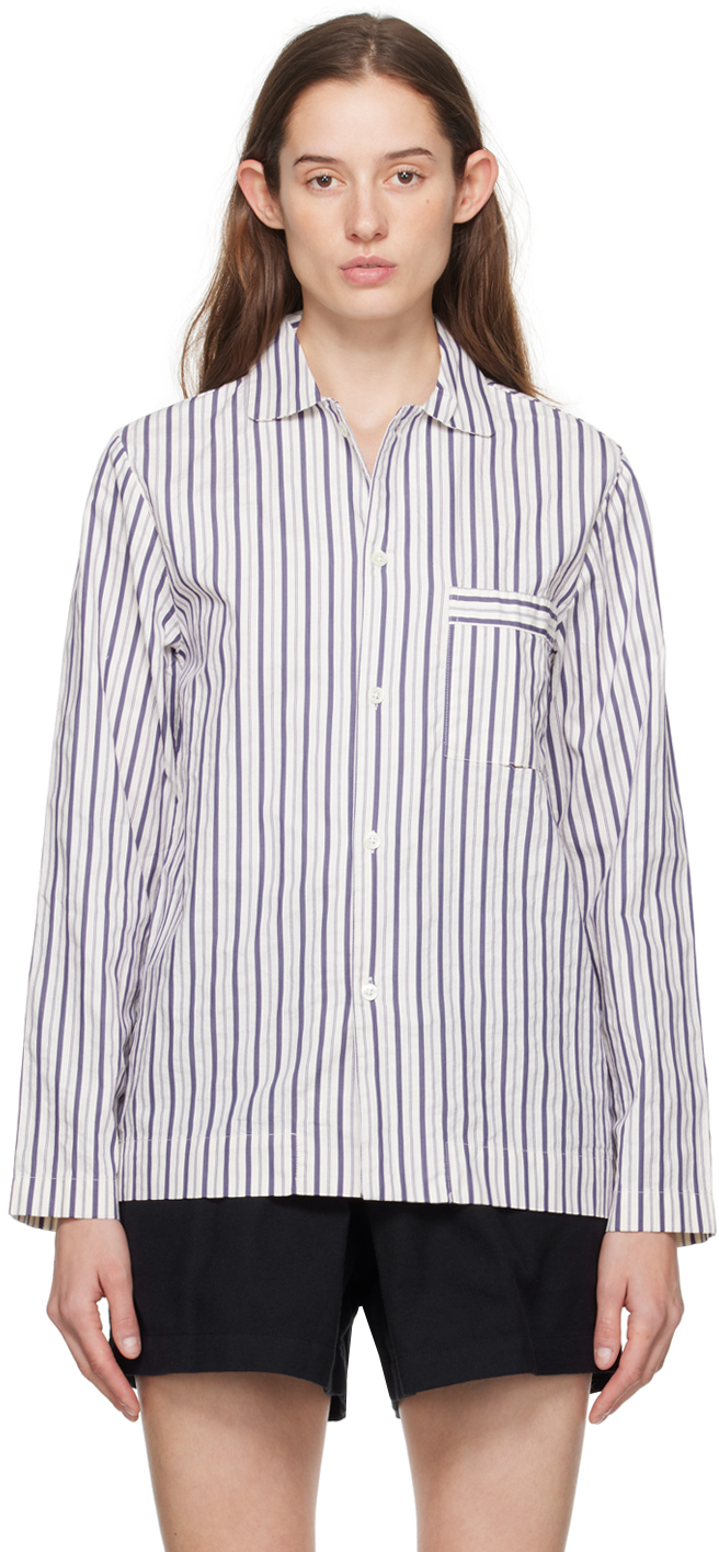Tekla White & Purple Long Sleeve Pyjama Shirt In Lido Stripes