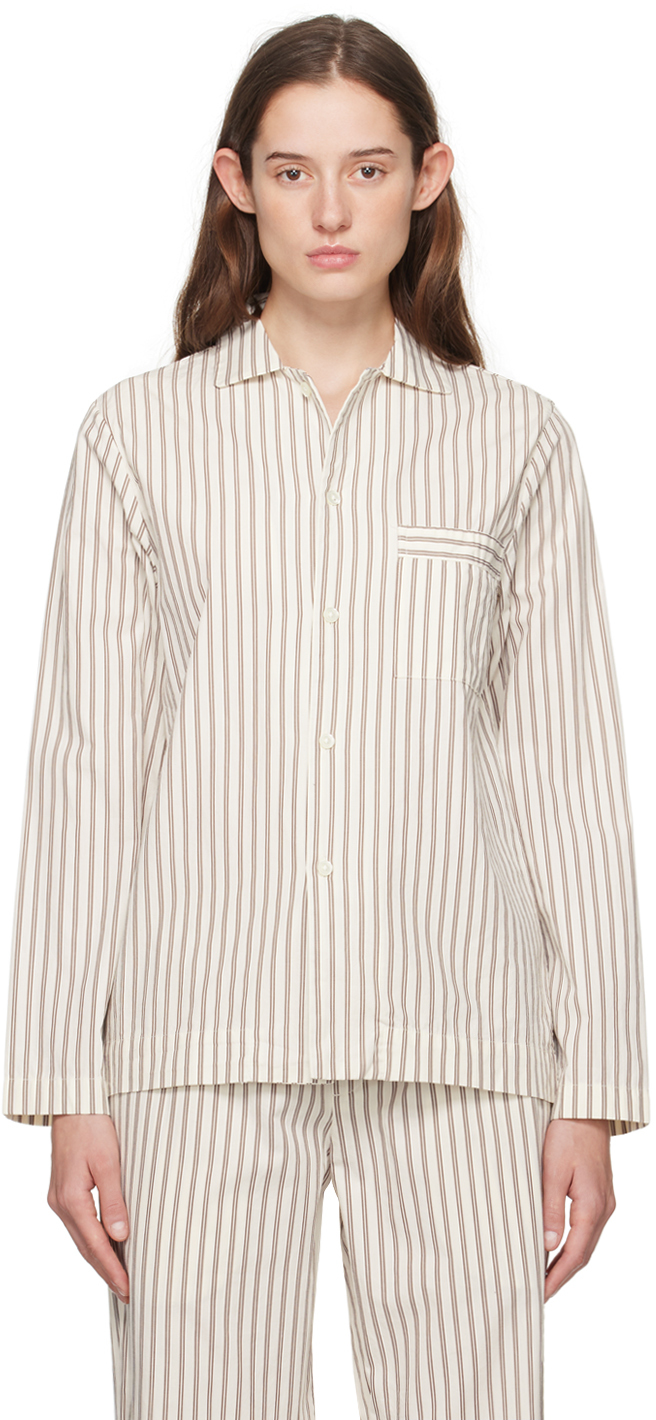 Tekla Off-white & Brown Long Sleeve Pyjama Shirt In Hopper Stripes