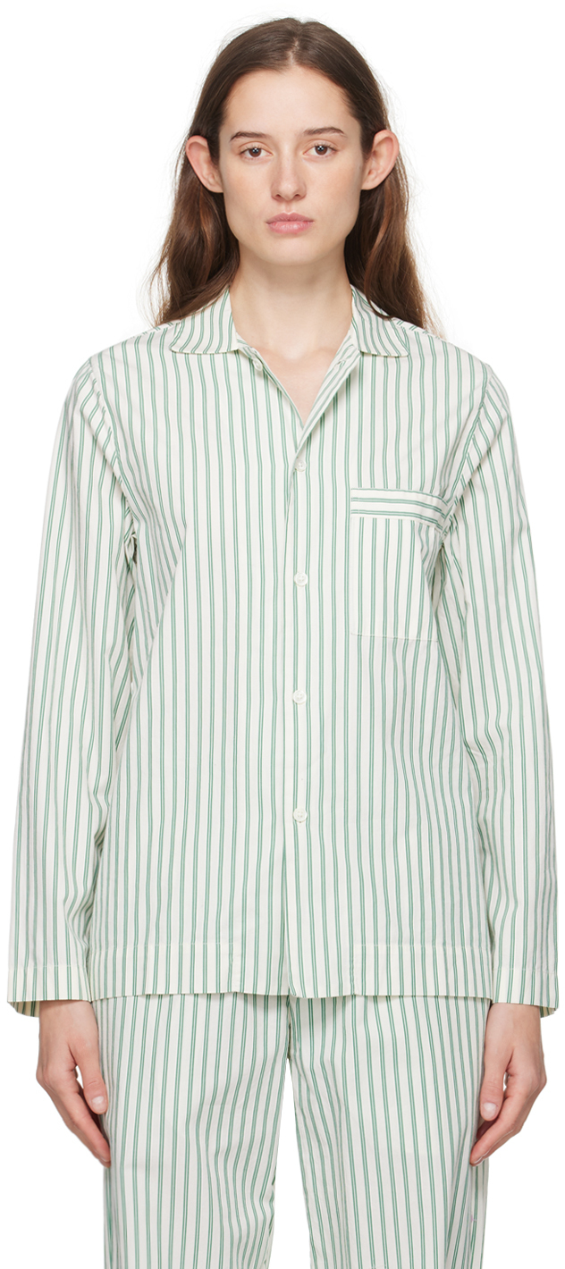 Tekla White & Green Long Sleeve Pyjama Shirt In Clover Stripes