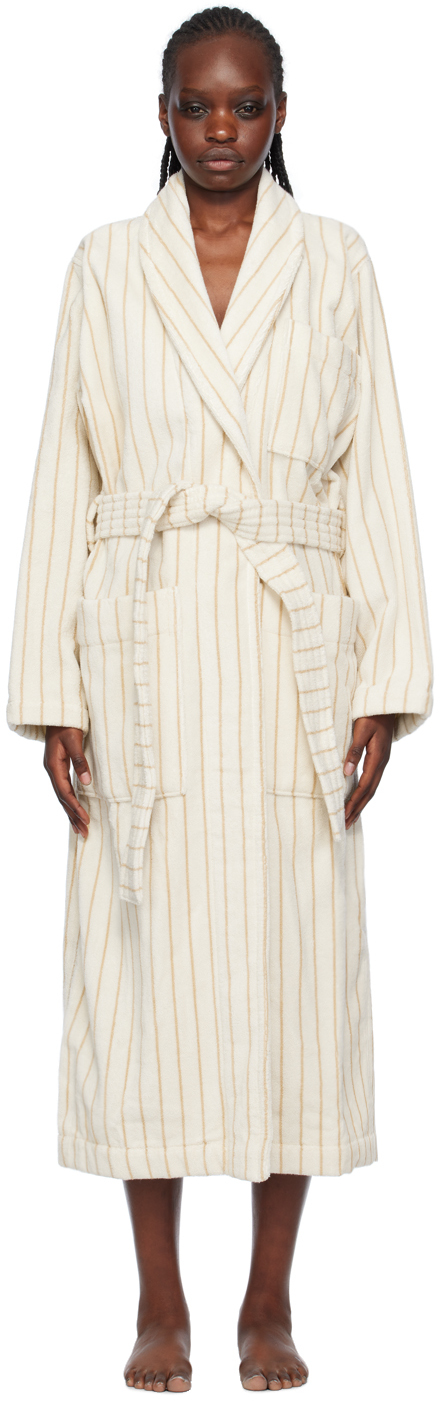 Tekla Off-white & Brown Classic Bathrobe In Sienna Stripes