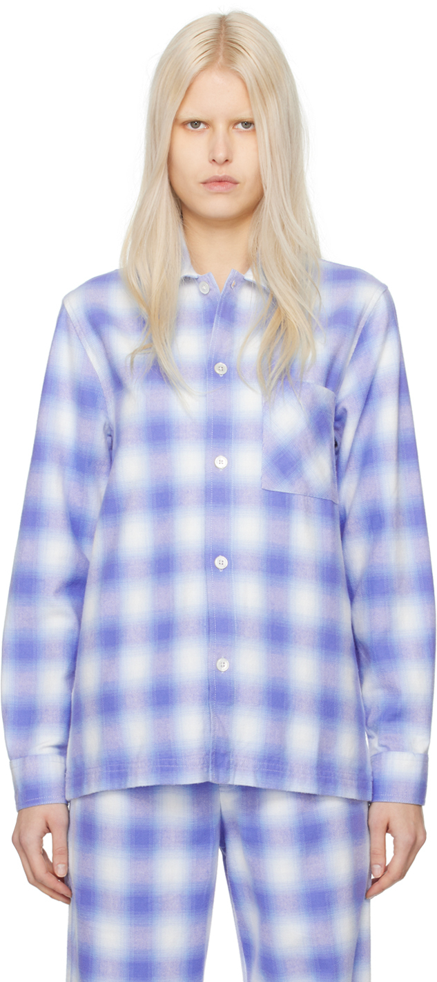 Tekla Blue Check Pyjama Shirt In Light Blue Plaid