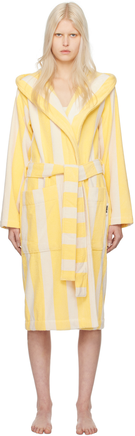 Tekla Yellow Hooded Bathrobe In Yellow Stripes