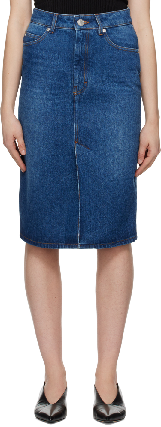 Blue Faded Denim Midi Skirt
