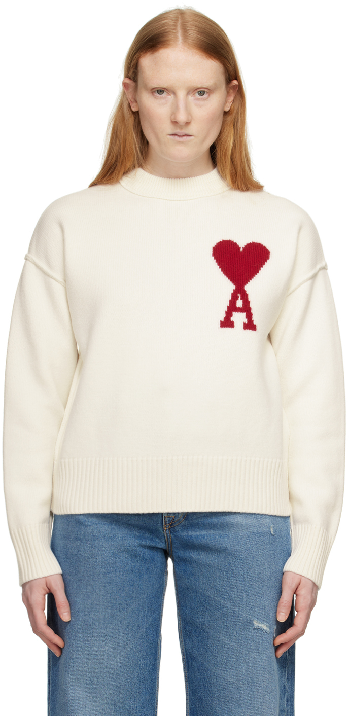 Ami Paris Pull Blanc Cassé à Logo Ami De Cœur Rouge Ssense France