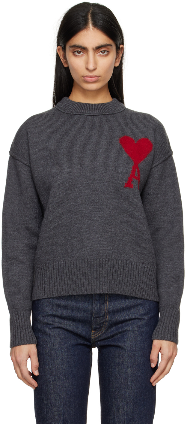 Shop Ami Alexandre Mattiussi Gray Ami De Cœur Sweater In Heather Grey/red/084