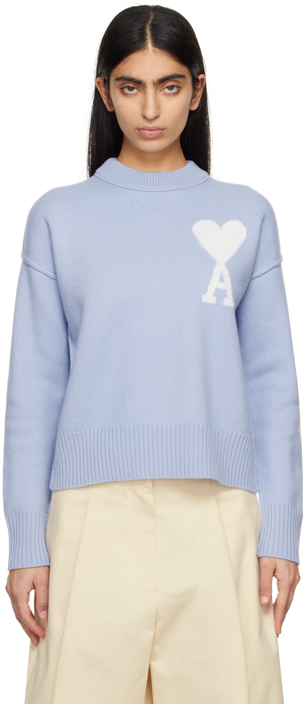 Ami Alexandre Mattiussi Blue Ami De Cœur Sweater In Blue/off White/4843