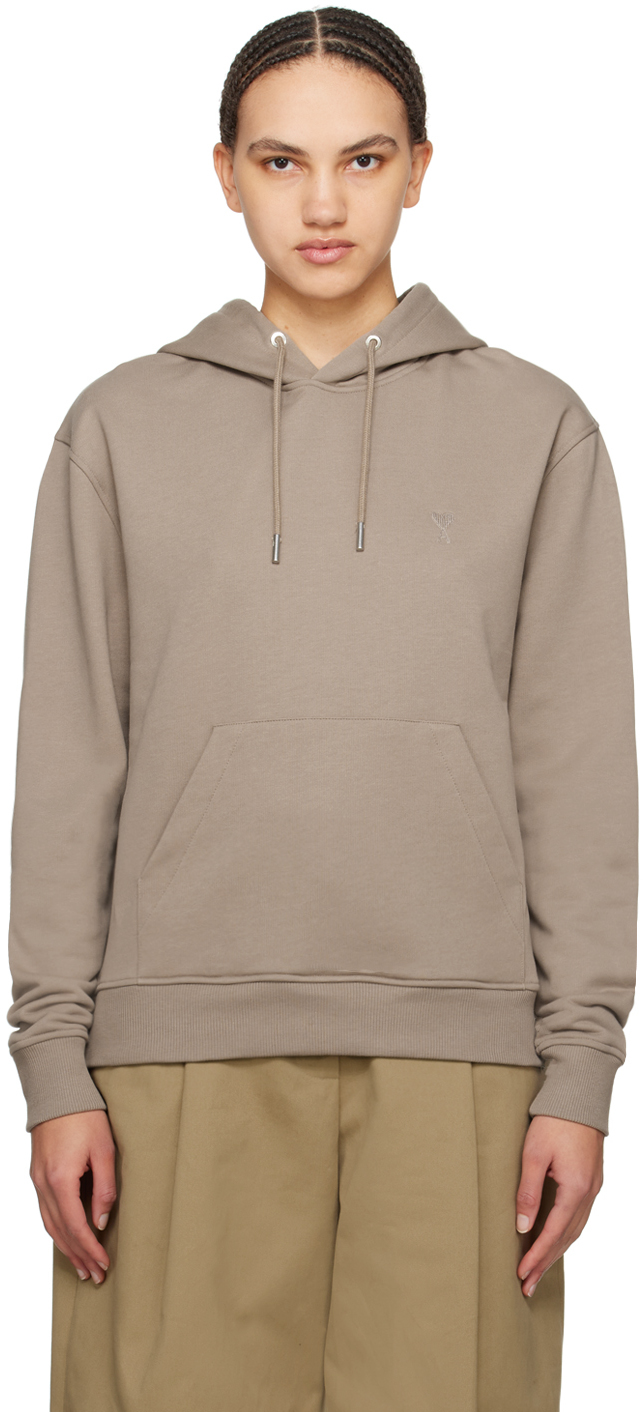 AMI Paris Pull à capuche taupe à logo Ami de cœur SSENSE France