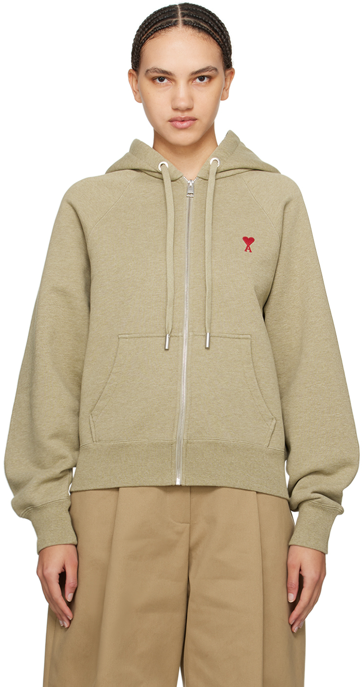 AMI Paris Pull à capuche kaki à logo Ami de cœur SSENSE France