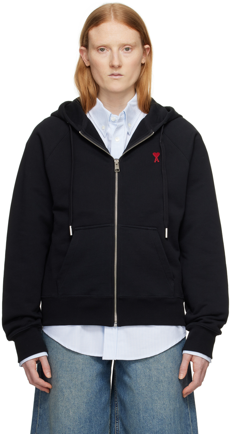 AMI Paris Pull à capuche noir à logo Ami de cœur SSENSE France