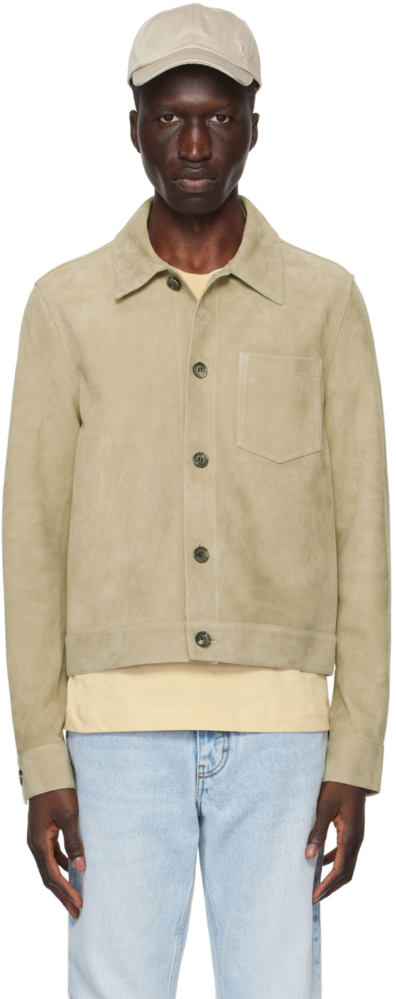 Khaki Buttoned Leather Jacket