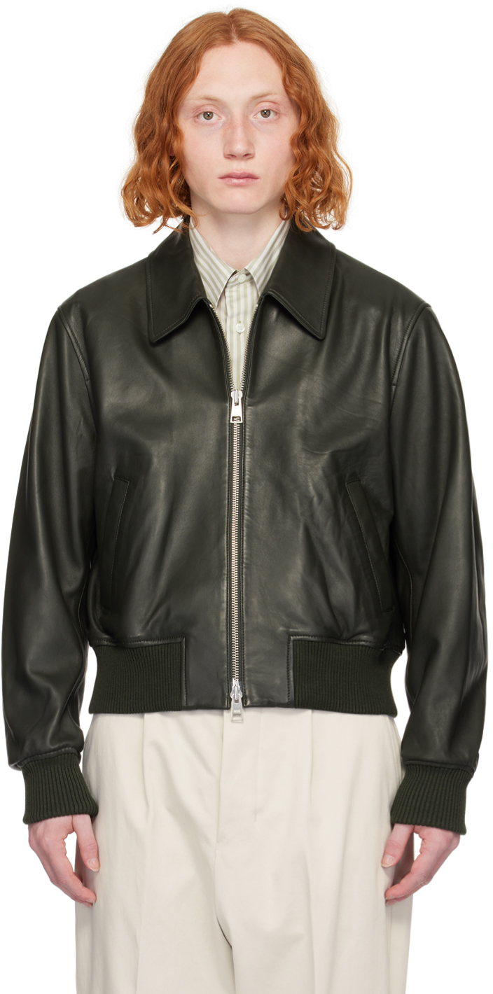 AMI Paris: Green Zipped Leather Jacket | SSENSE UK