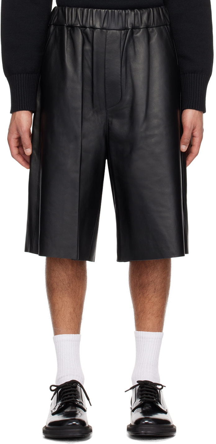 Black Elasticized Waistband Leather Shorts