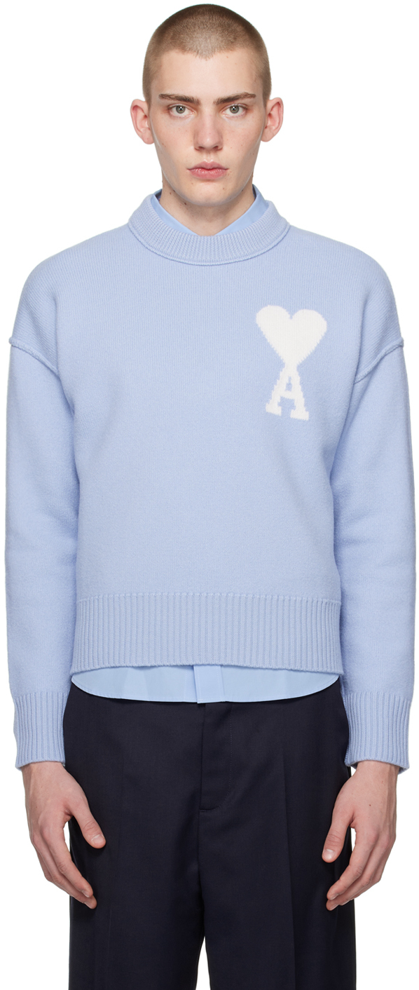 Shop Ami Alexandre Mattiussi Blue Ami De Cœur Sweater In 4843 Blue/off White