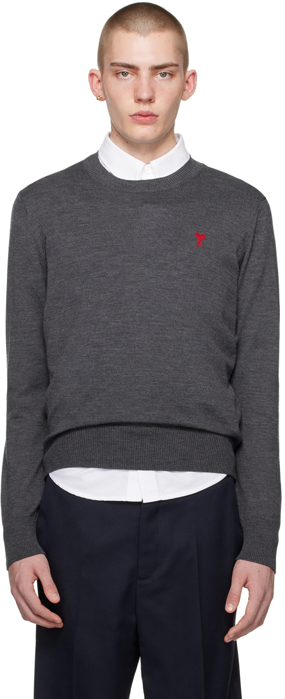 Shop Ami Alexandre Mattiussi Gray Red Ami De Cœur Sweater In 055 Heather Grey