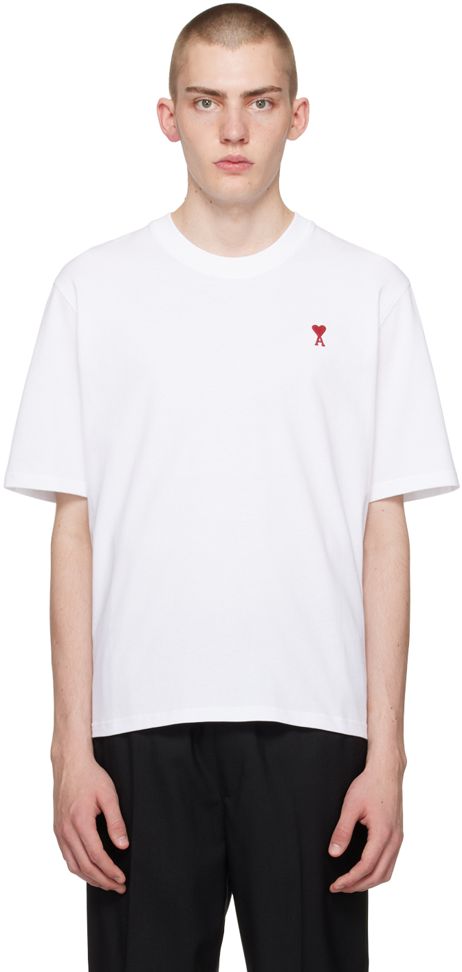 T-shirt AMI Paris Blanc - Logo Brodé Rouge, Coupe Classique, Neuf Avec étiquettes, Taille M/L