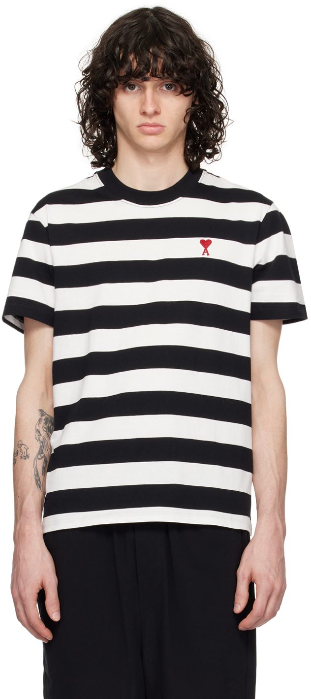Ami Alexandre Mattiussi White Ami De Cœur T-shirt In Striped Black/white