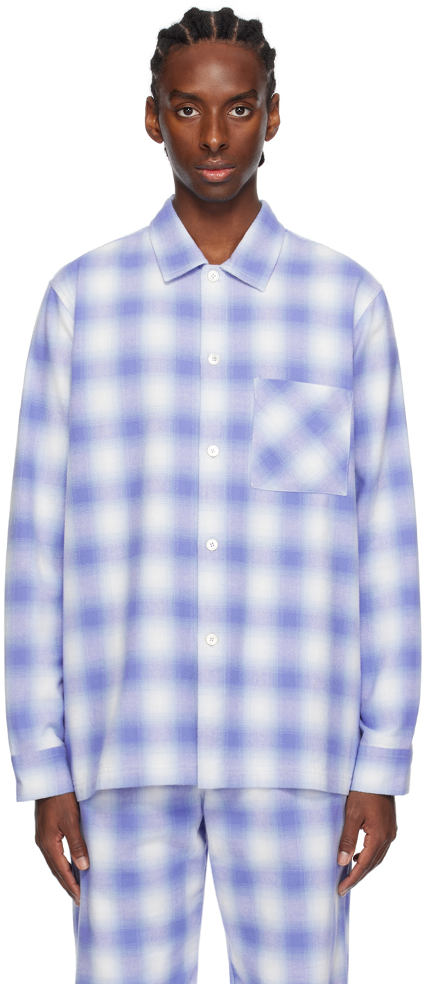 Tekla Blue Plaid Pyjama Shirt In Light Blue Plaid