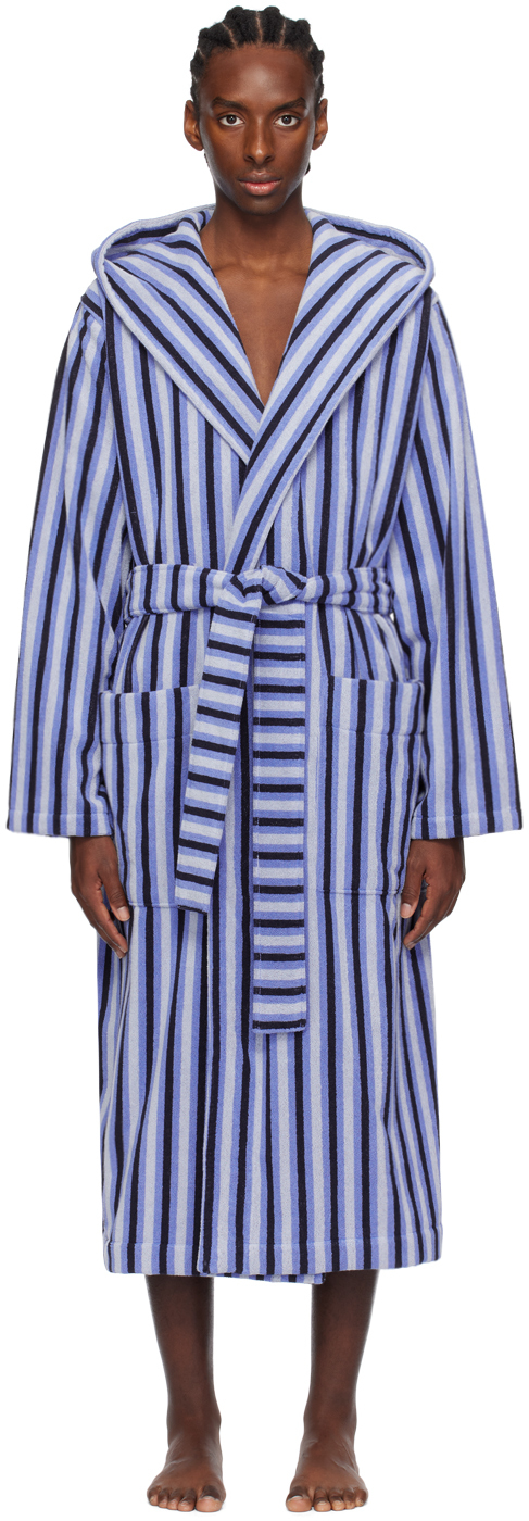Tekla Blue Hooded Bathrobe In Ripple Stripes