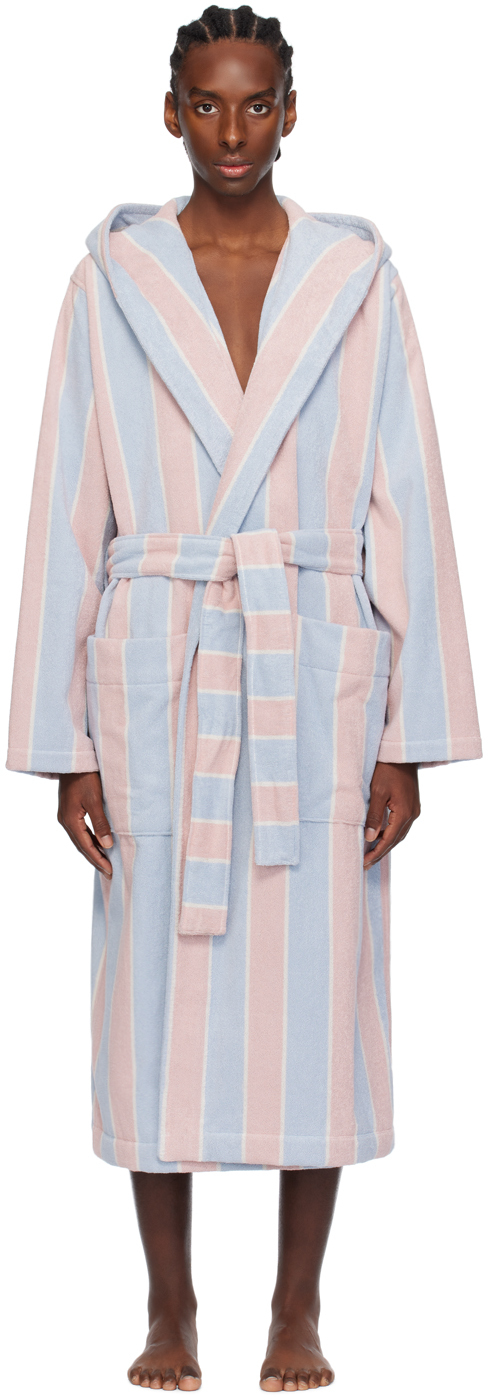 Tekla Blue & Pink Hooded Bathrobe In Pastel Stripes