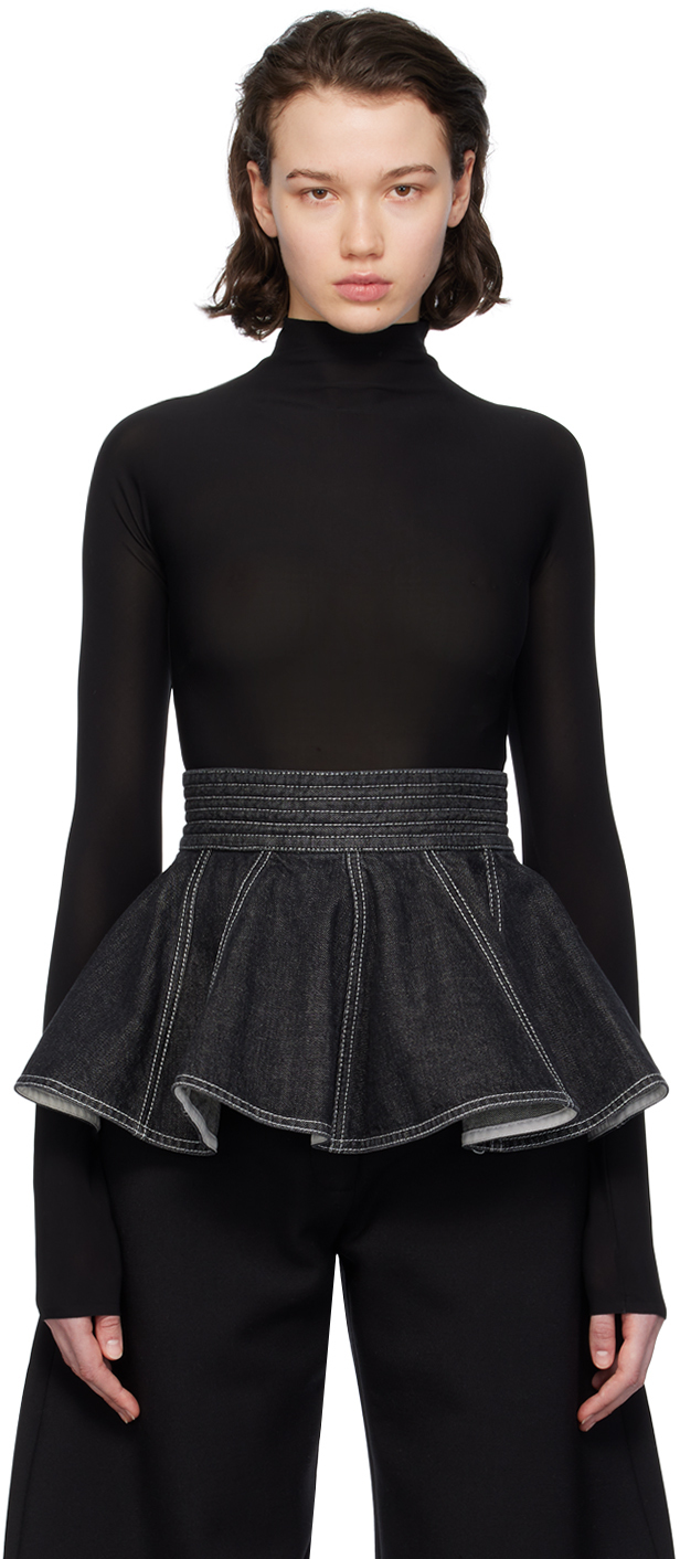Alaïa Black Gathered Denim Miniskirt In 912 - Denim Noir