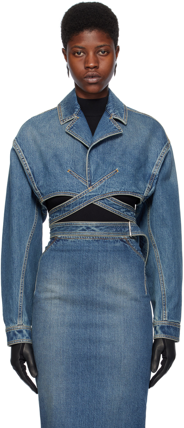 Alaïa Blue Cross-over Denim Jacket In 525 - Bleu Vintage