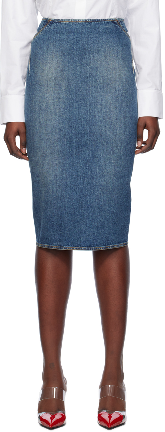 Shop Alaïa Blue Pencil Denim Midi Skirt In 525 - Bleu Vintage