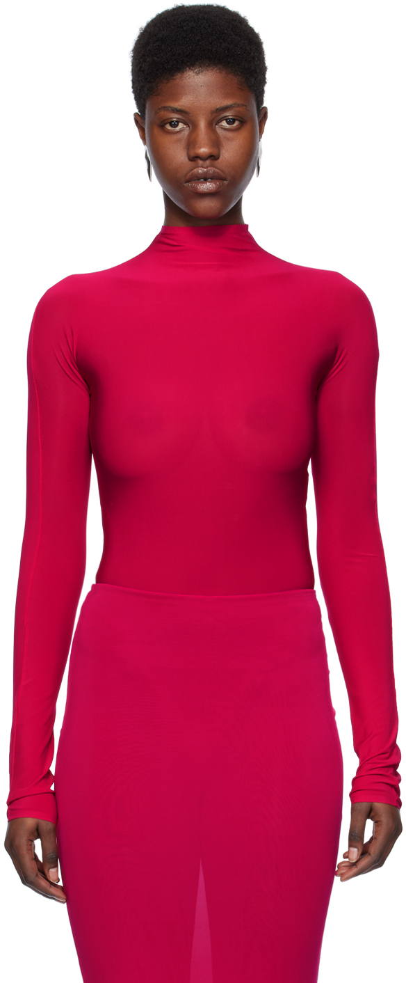 Shop Alaïa Pink High Neck Bodysuit In 426 - Fuchsia