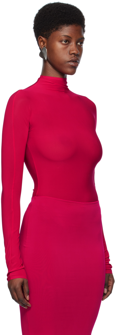 Alaïa Long Sleeve Funnel Neck Jersey Bodysuit In 426 - Fuchsia