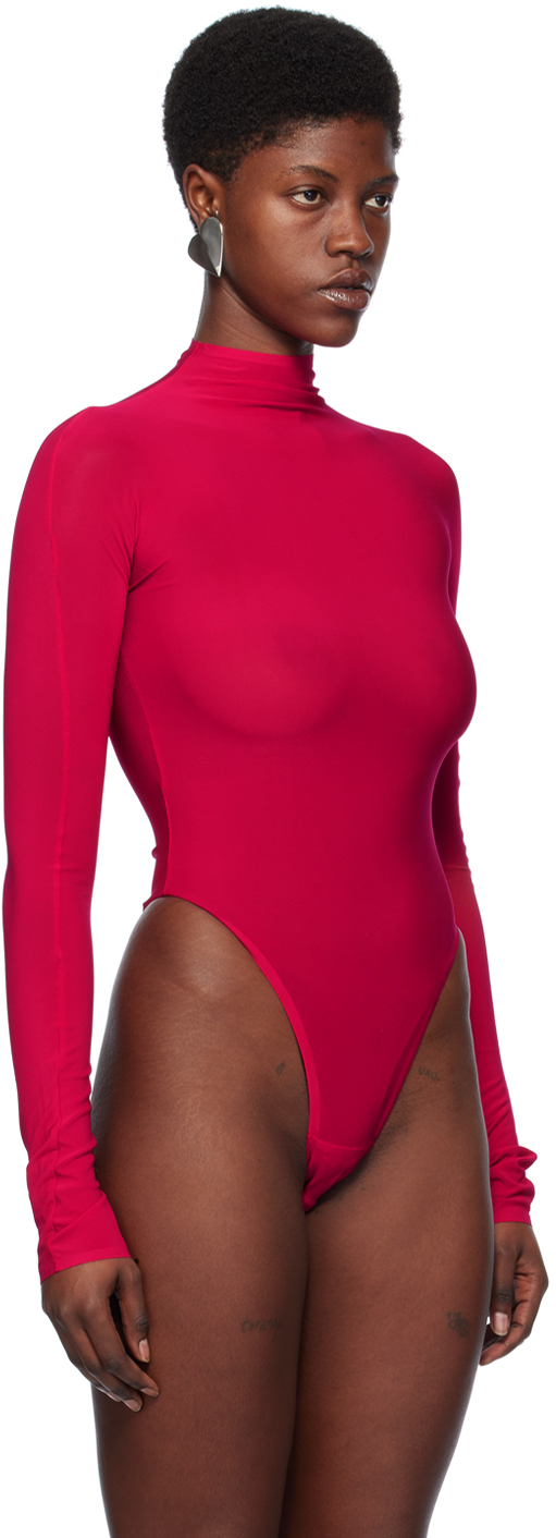 Alaïa Long Sleeve Funnel Neck Jersey Bodysuit In 426 - Fuchsia