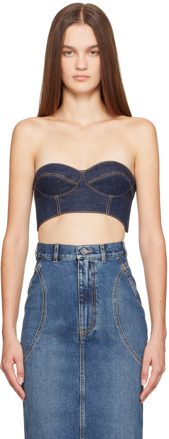 ALAÏA BLUE BUSTIER DENIM TOP