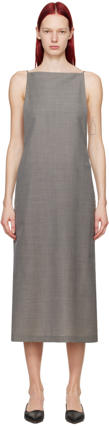 Auralee Grey Low Back Maxi Dress In Grey Check