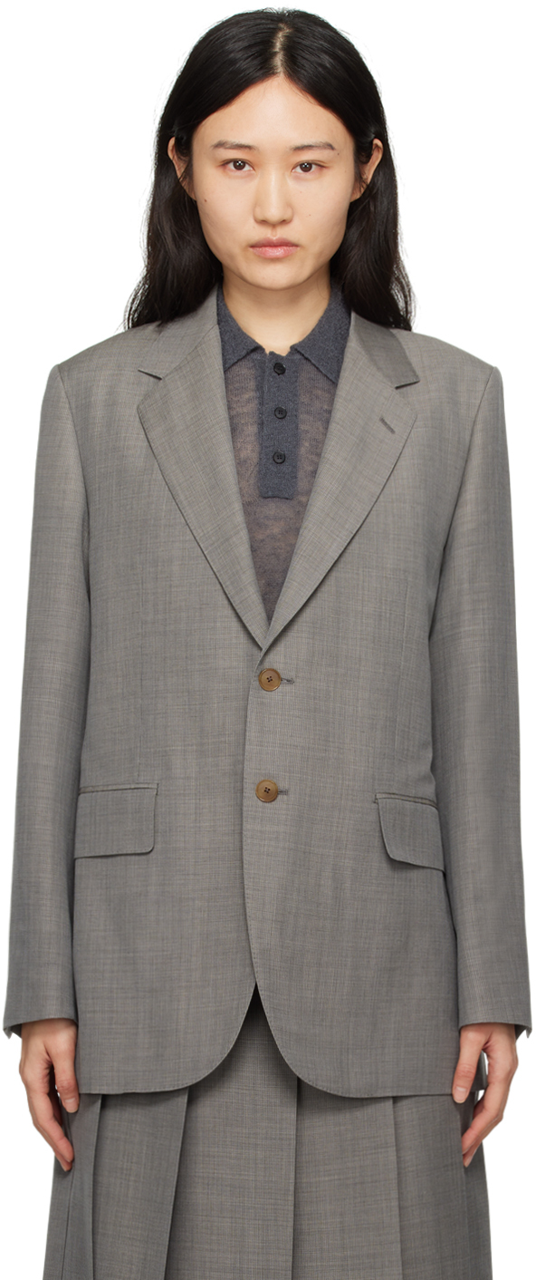Auralee Gray Notched Lapel Blazer In Gray Check