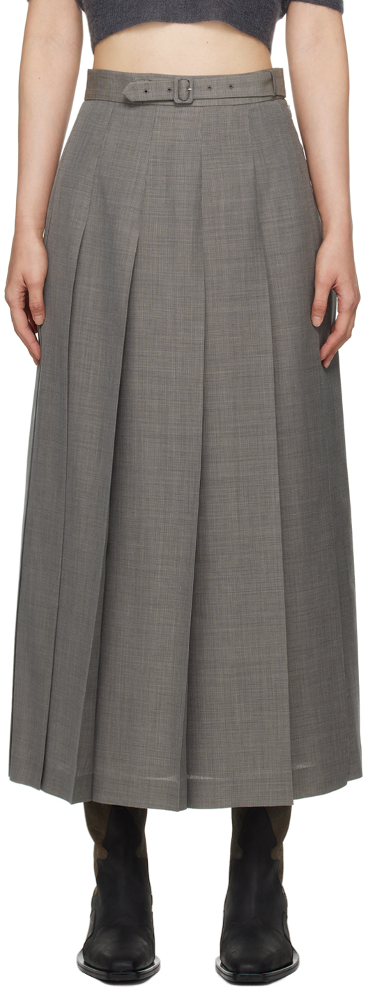 Auralee Gray Pleated Midi Skirt In Gray Check