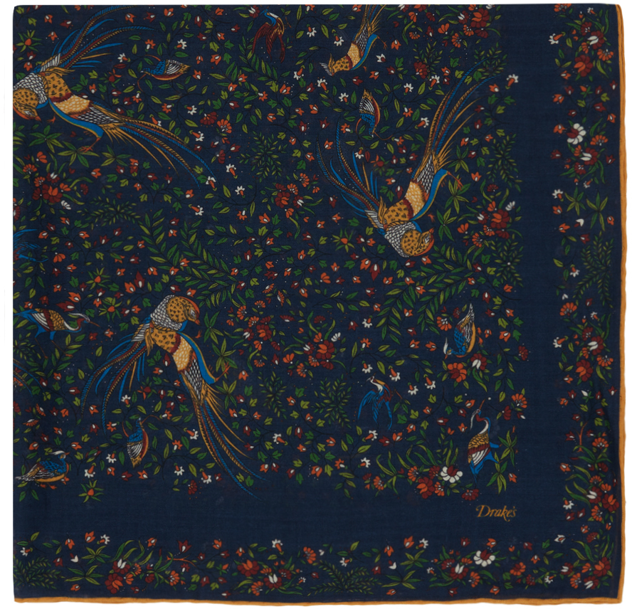 Drake's Navy Birds Of Paradise Square Scarf In 251 Navy