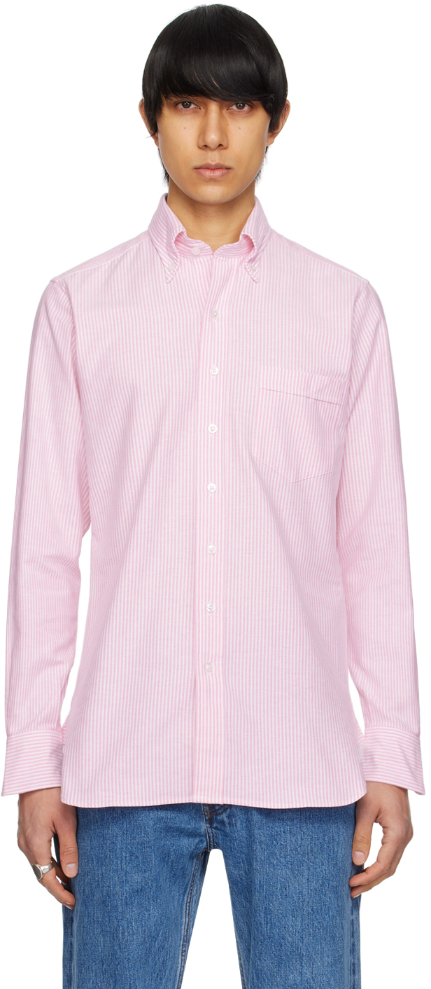 Drake's Pink & White Ticking Stripe Shirt In 902 Dark Pink