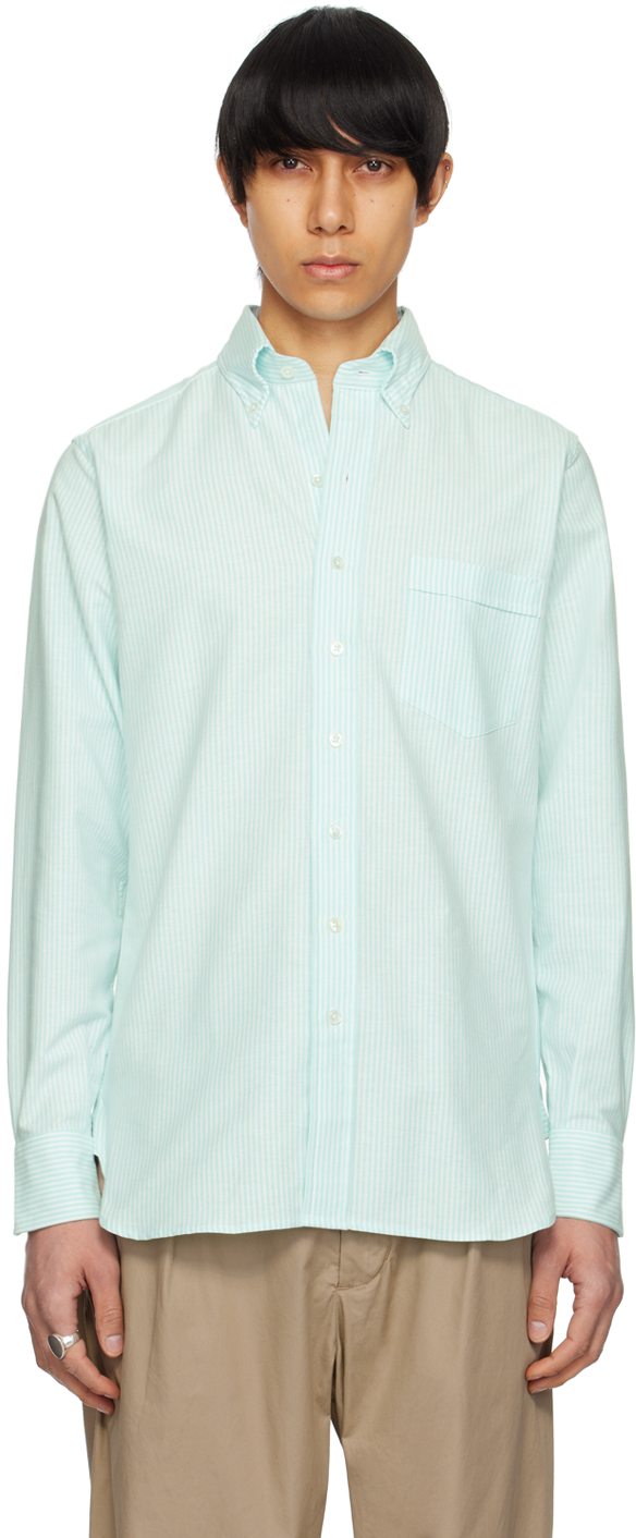 Drake's Green & White Ticking Stripe Shirt In 202 Aqua
