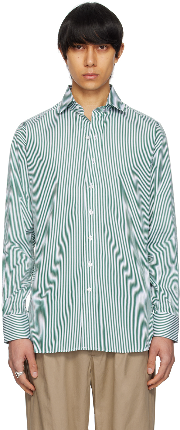 Drake's Green & White Stripe Shirt In 402 Green