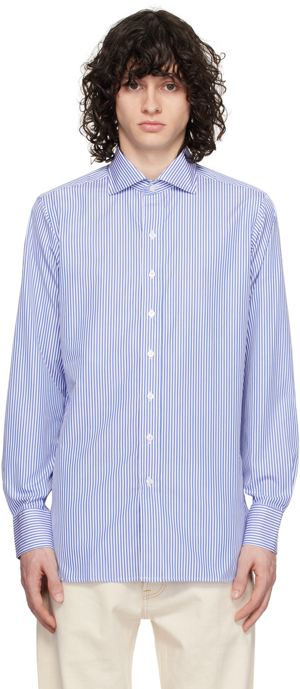 Drake's White & Blue Bengal Stripe Shirt In 202 Dark Blue