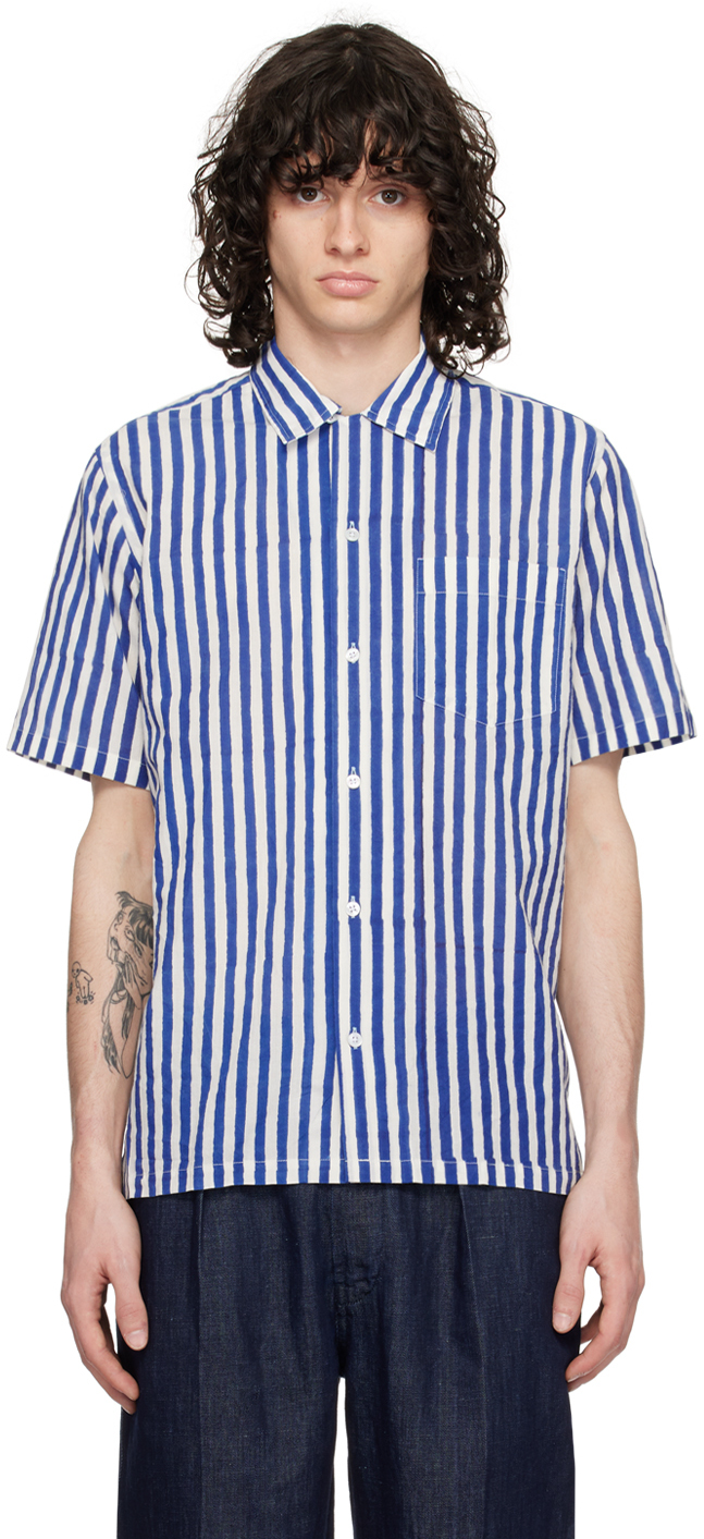Drake's White & Navy Block Print Shirt In 202 Blue Stripe
