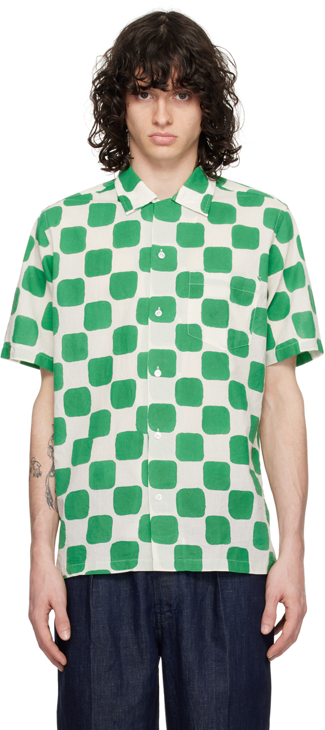 Drake's Off-white & Green Check Shirt In 403 Green