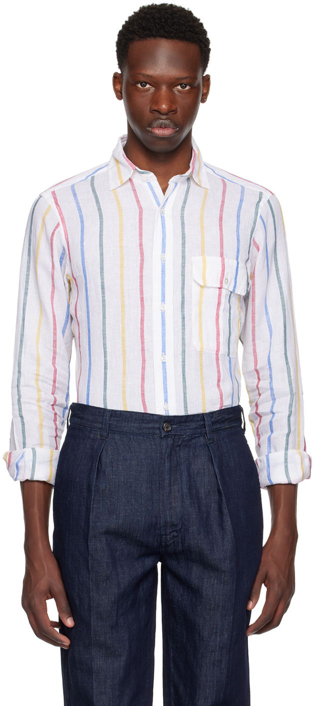Shop Drake's White Stripe Shirt In 66 Multi