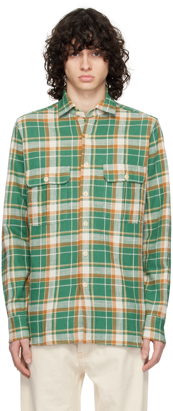 Shop Drake's Green & Orange Check Shirt In 403 Green/yell