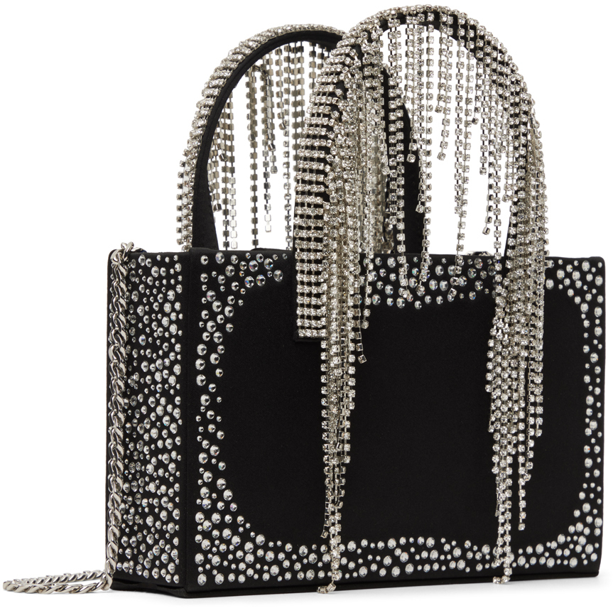 Midi Crystal Fringe Tote in Black Leather