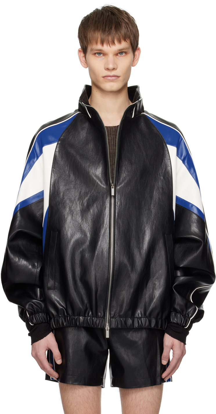Black & Blue Paneled Faux-Leather Bomber Jacket