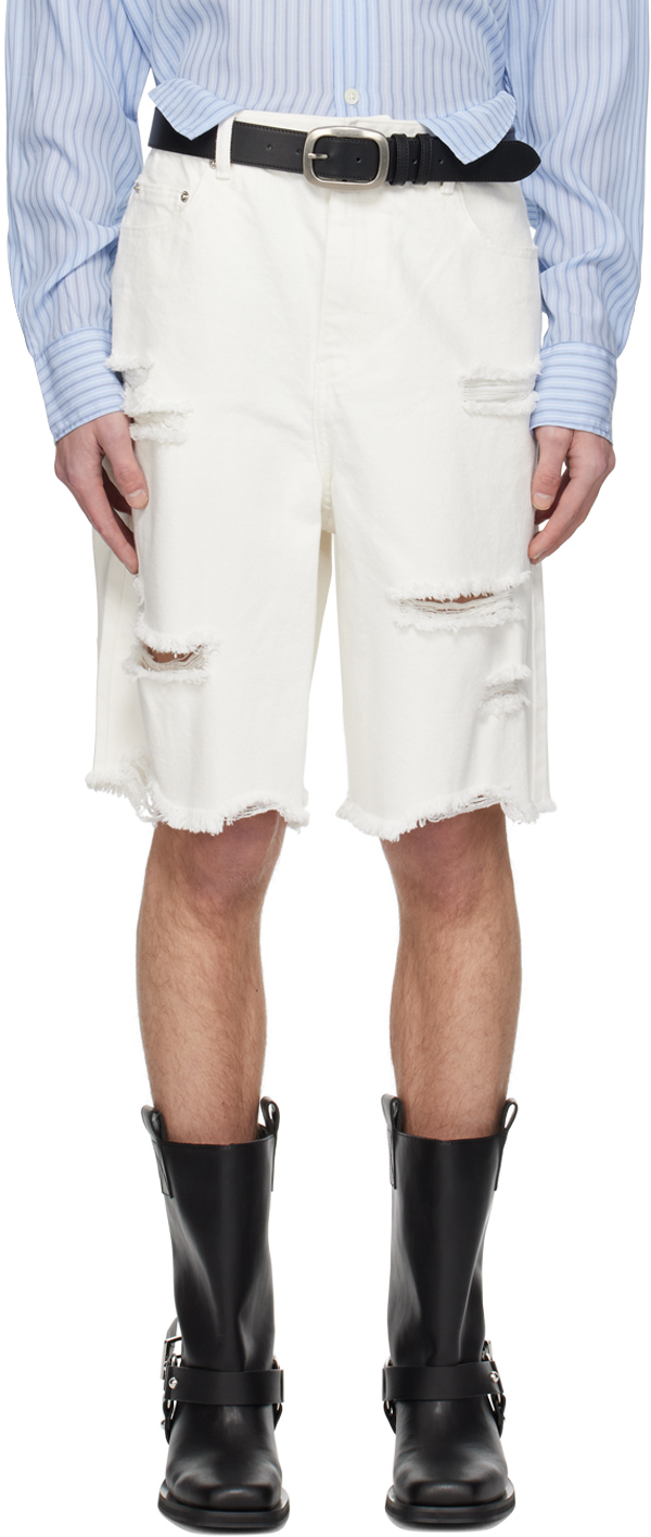 System White Distressed Denim Shorts In Ow Off White