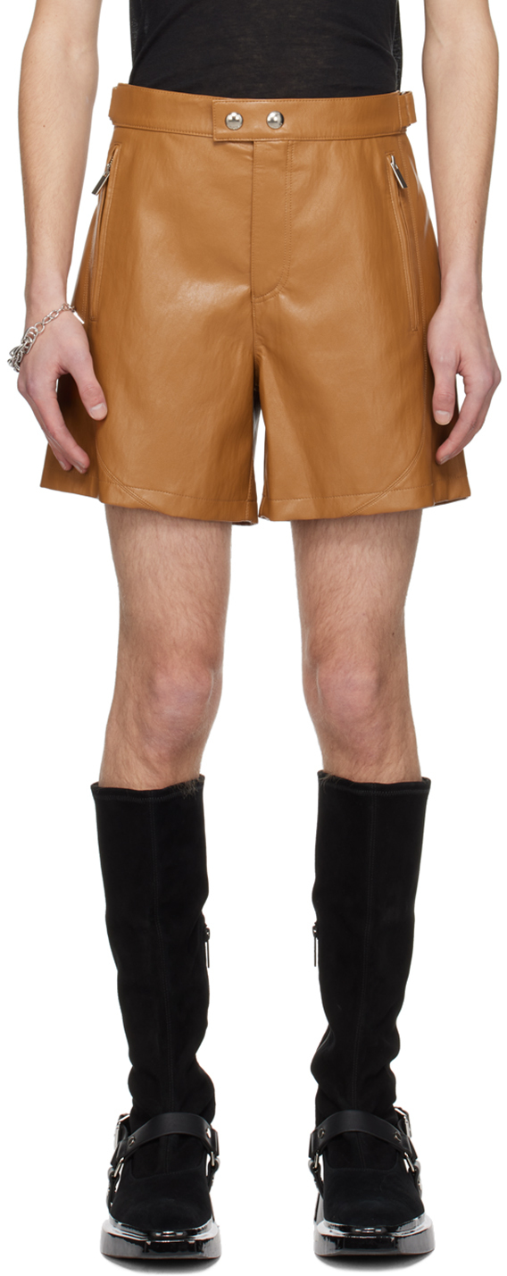 Tan Cinch Strap Faux-Leather Shorts