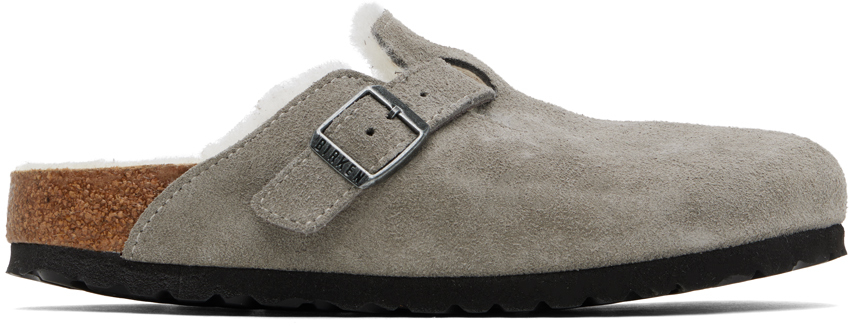 【関税込み】Birkenstock グレー ナロー Boston クロッグ Birkenstock: グレー シアリング ナロー Boston クロッグ