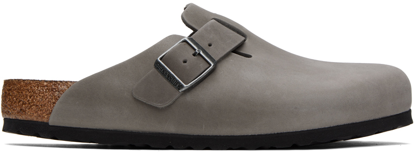 Birkenstock Grey Regular Boston Soft Footbed Loafers In Iron Oiled Leather