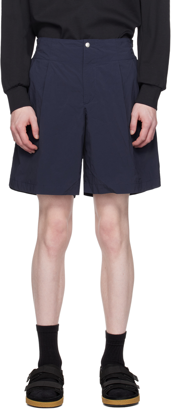 kolor Navy Pleated Shorts SSENSE Canada