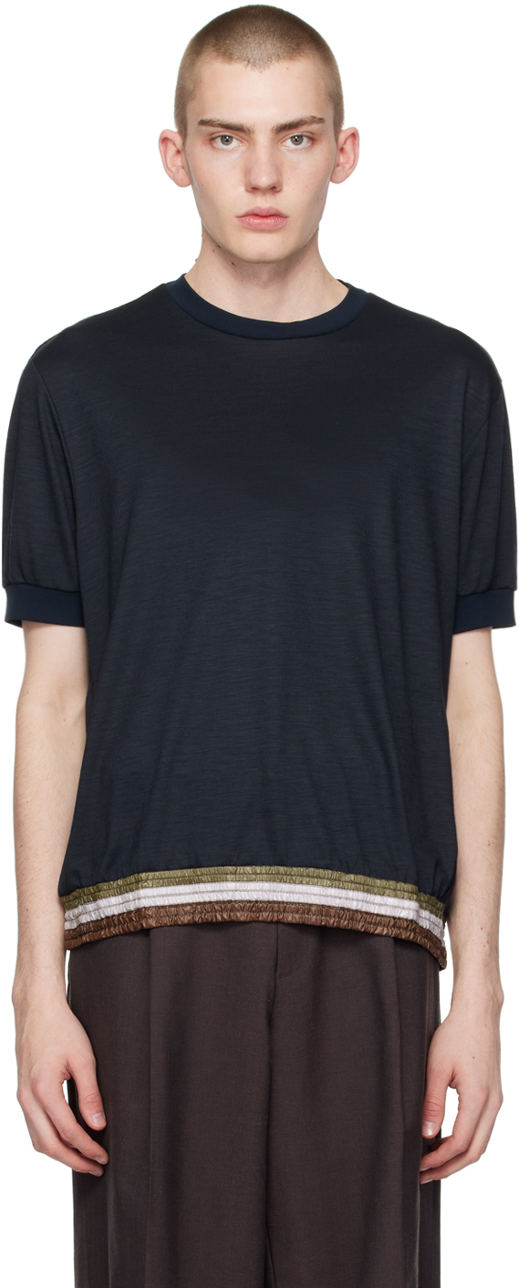 Shop Kolor Navy Striped Hem T-shirt In B-navy